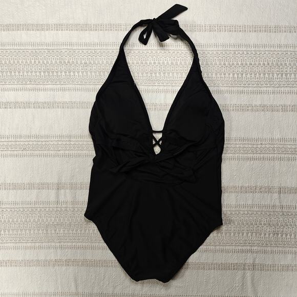 Venus Black One Piece Swimsuit Crochet Lace Detail Halter Swim Size 14 NEW - Picture 2 of 6